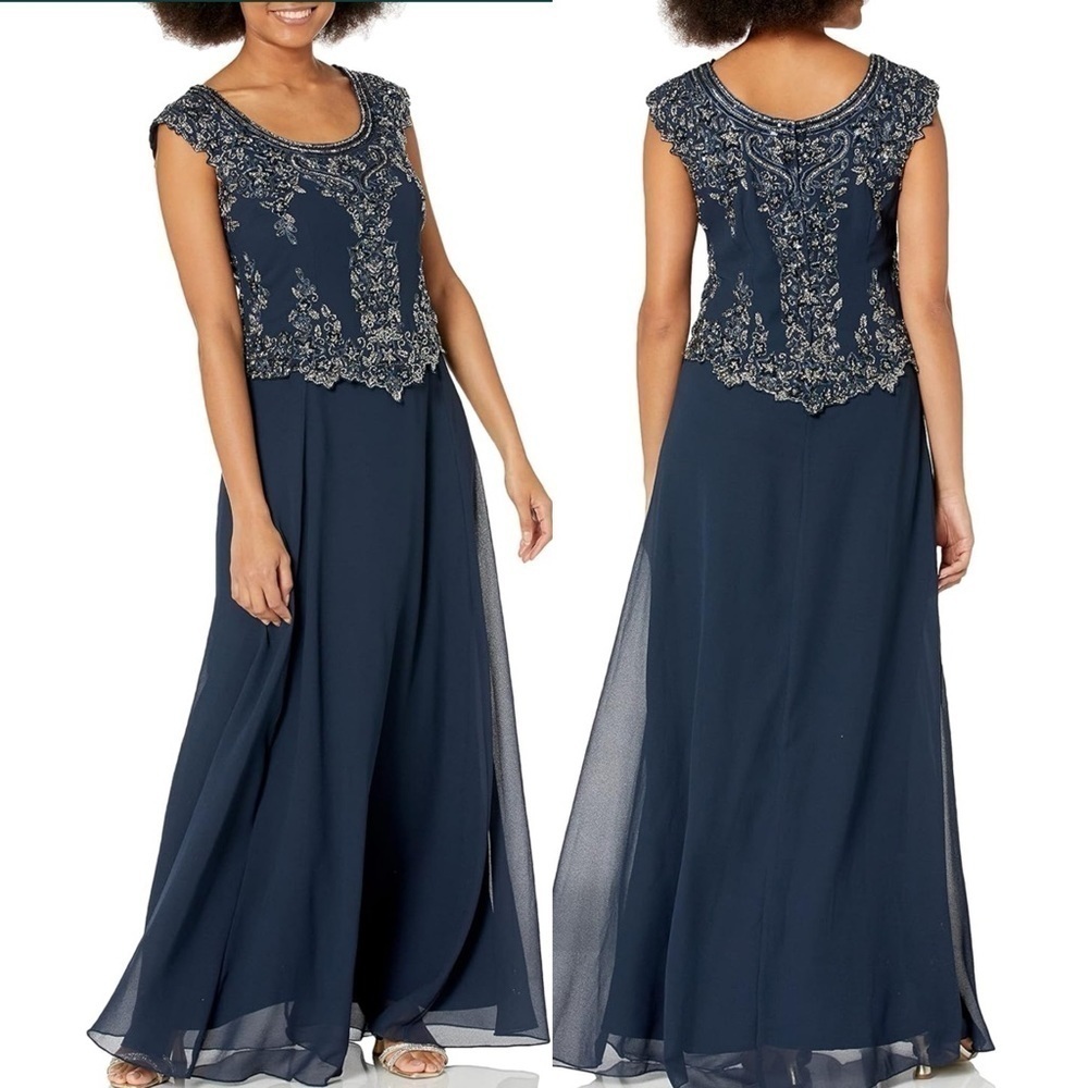 🌻NEW J Kara Navy Mock 2 Piece Beaded Bodice Cap Sleeve Long Fit & Flare Dress